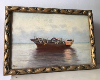 Pintura al óleo original con marco dorado hecho a mano. Viejo barco de pesca firmado arte de pared.