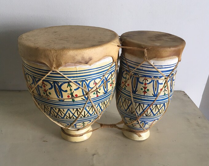 African Moroccan Bongo Drums Set. Painted Ceramic and Leather Vintage