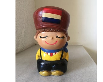 Bisque Vintage Money Box. Cute Piggy Bank Netherlands Boy with Huge Hat. Netherlands Flag Coins Box for Kids.