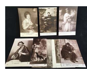 Un montón de 7 tarjetas postales francesas de principios de la década de 1910. Set coleccionable "Salon de Paris" Tarjetas postales en blanco y negro.