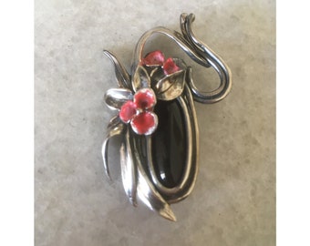 Sterlingzilver en zwarte onyx art nouveau vintage of antieke broche. Tassen, kleding retro-stijl broche voor dames. Handgemaakte sieraden.
