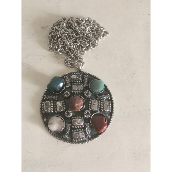 Ethnic Boho Style Metal Artisan Pendant. Vintage Big Size Round Handmade Pendant with Long Chain. Below Chest Unisex Summer Pendant.