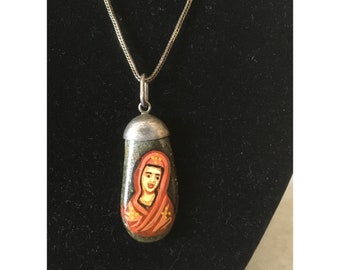 Greek Orthodox Pendant. Monastery Handmade Silver Pendant. Pebble Painting Mother of God. Vintage Cristian Amulet Pendant .