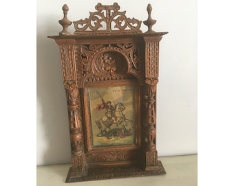 Antique Saint George Chromolithograph Cabinet Icon. Wooden Ornate Framed-Shrine Wall Hanging. Christian Greek Hand Carved Iconostasis.