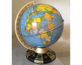 1980's Metallic World Globe Map. Vintage Geography Globe. 1980's Desk Globe. Office Décor Accessory.