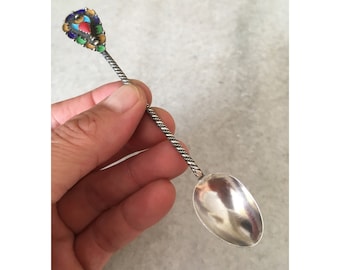 Colher de chá e café com alça esmaltada em prata sólida. Colher de prata esterlina vintage de tamanho menor, condimentos, mostarda, sal e pimenta.