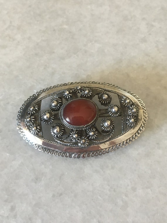 Silver Antique Oval Brooch. Caramel Tone semi tra… - image 1