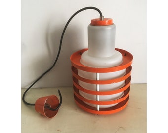 Mid-Century Modern Ringline Ceiling Pendant Light in dark orange. Metal and Milk Glass Vintage Light. 1960&#39;s Decoration Lighting.