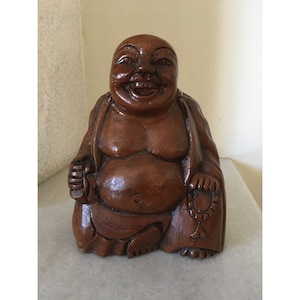 Laughing Buddha Wood Statue. Fengshui Decor for Luck and Happiness. Vintage Buddha Sculpture Figurine.