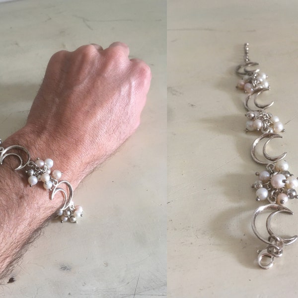 Bracelet en argent sterling et en nacre. Crescent Moon Bracelet vintage romantique pour dames ou filles. Bracelet grec 925 poinçonné.