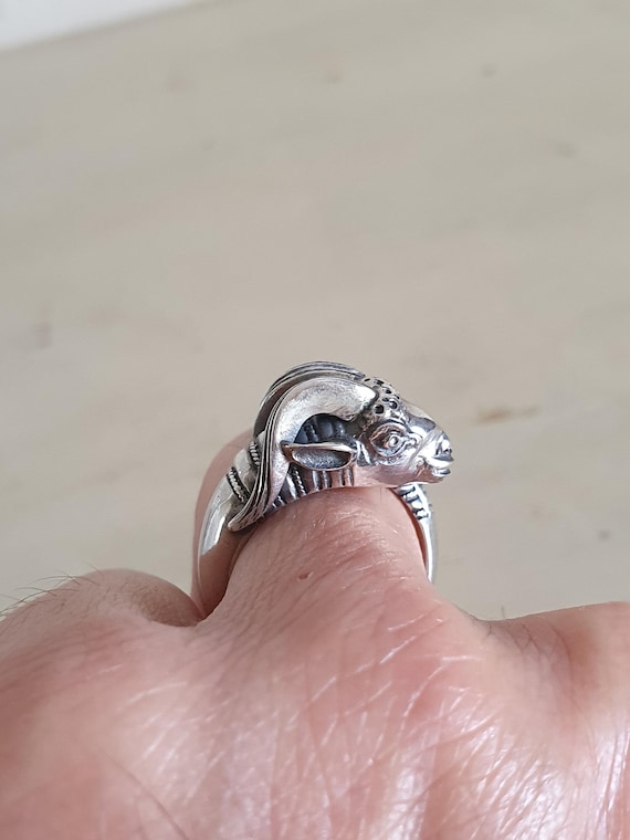Sterling Silver Ram Head Ring, Adjustable Open Ba… - image 2