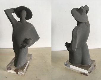 Grey Ceramic Sculpture made in Spain by Paor SA. Branded Patented Modernist Ceramic Ornament. Woman with Hat Holding a Bird on Acrylic Base.