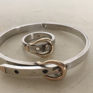 Gold K14 & Silver 925 Matching Assorti Bracelet and Ring . Belt Shaped Bangle Bracelet-Ring. Vintage Handmade Jewelry from Greece