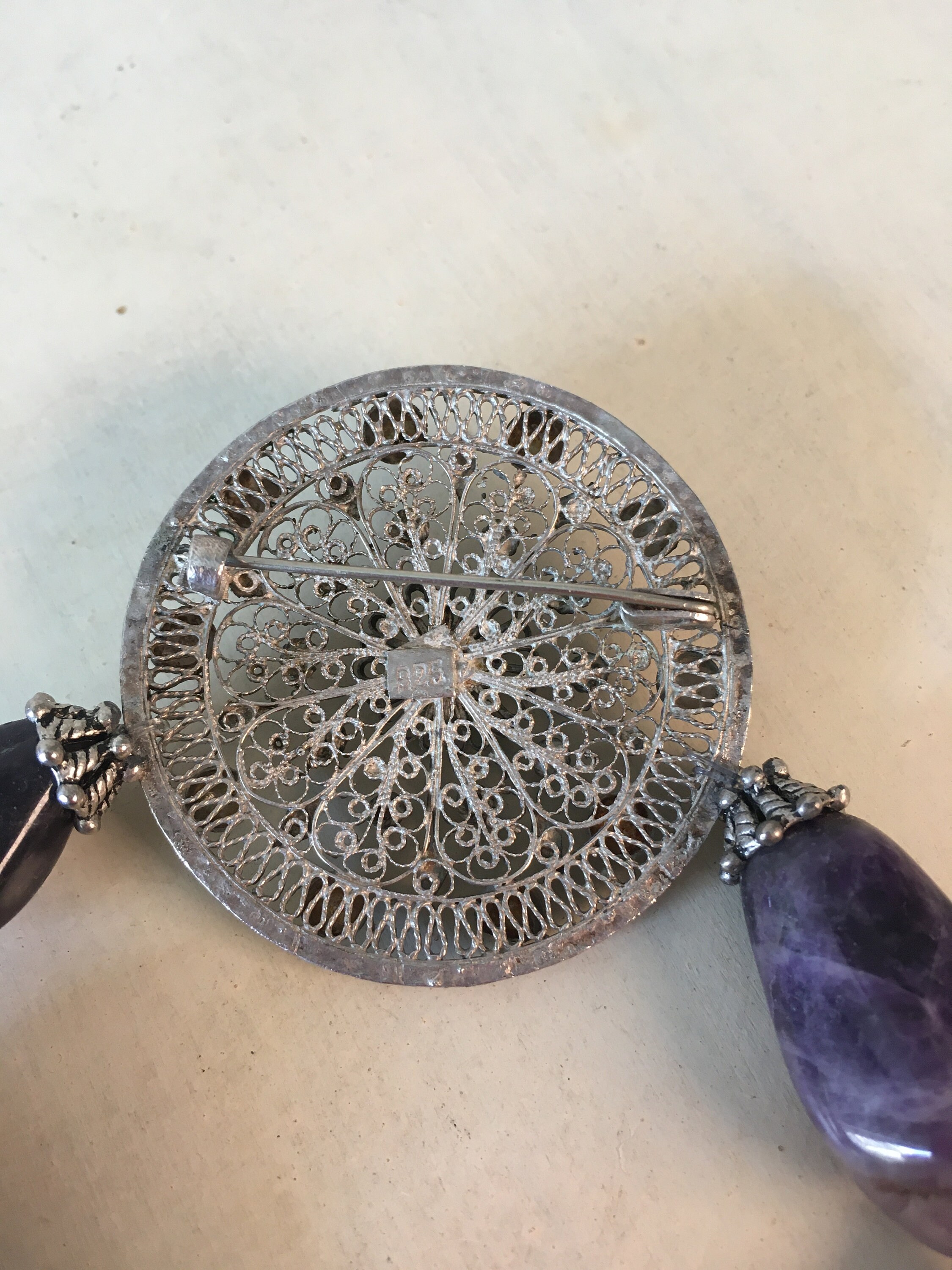 Pendentif Ancien En Argent Massif Avec Améthyste - Design Filigrané Vintage - Bijou D'occasion