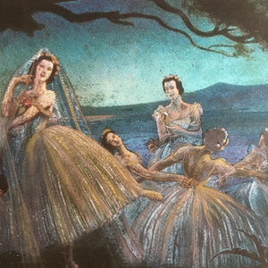 Op de afbeelding: Een schilderij van vijf ballerina's in een nachtsc&egrave;ne. De ballerina op de voorgrond draagt een witte jurk en een sluier. De andere ballerina's dragen blauwe jurken. De achtergrond is een donkerblauwe lucht met sterren.