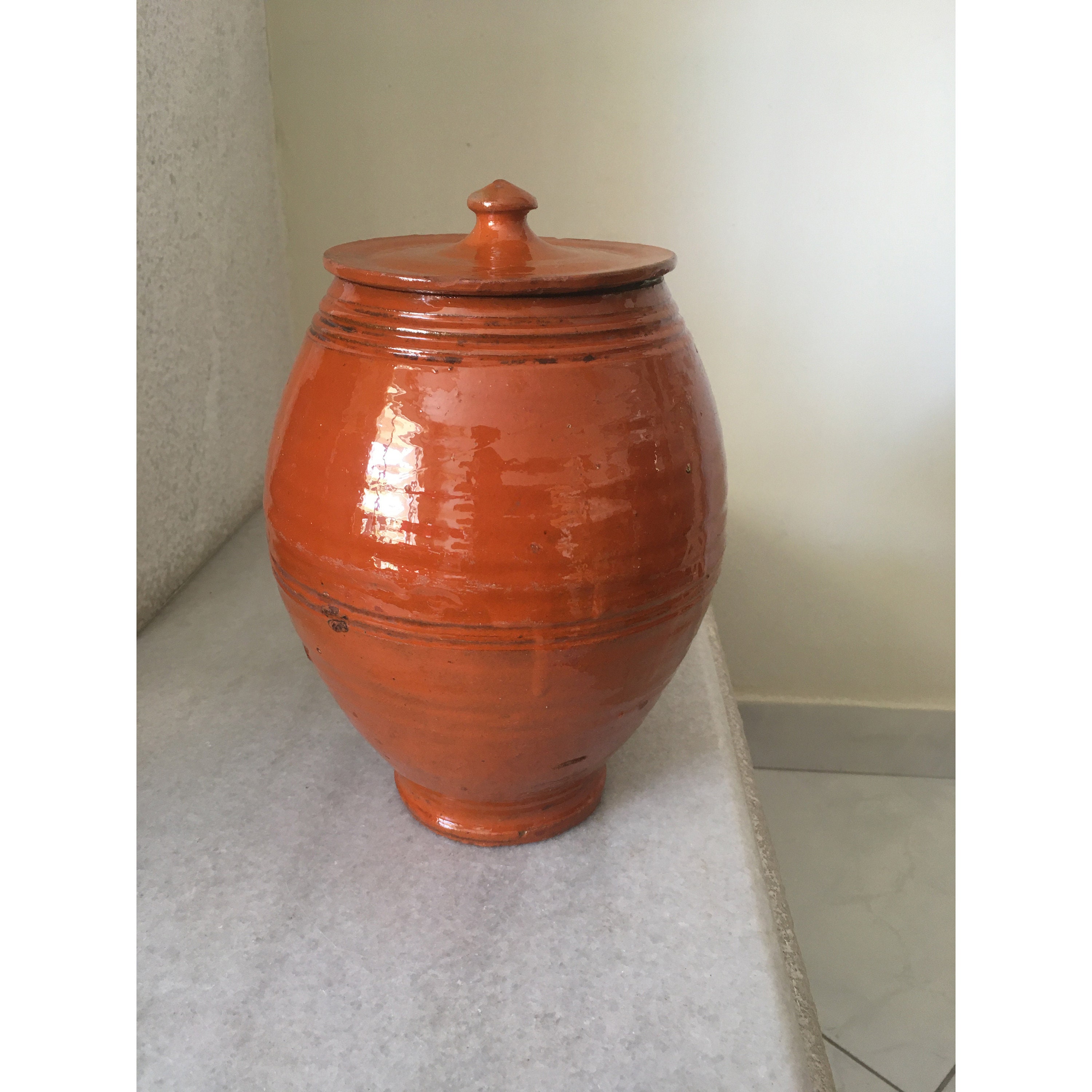 Greek Glazed Ceramic Pot With Lid. Olive Oils and Food Storage Container.  Vintage and Handmade Pottery From Greece. 10 Inches Tall. 