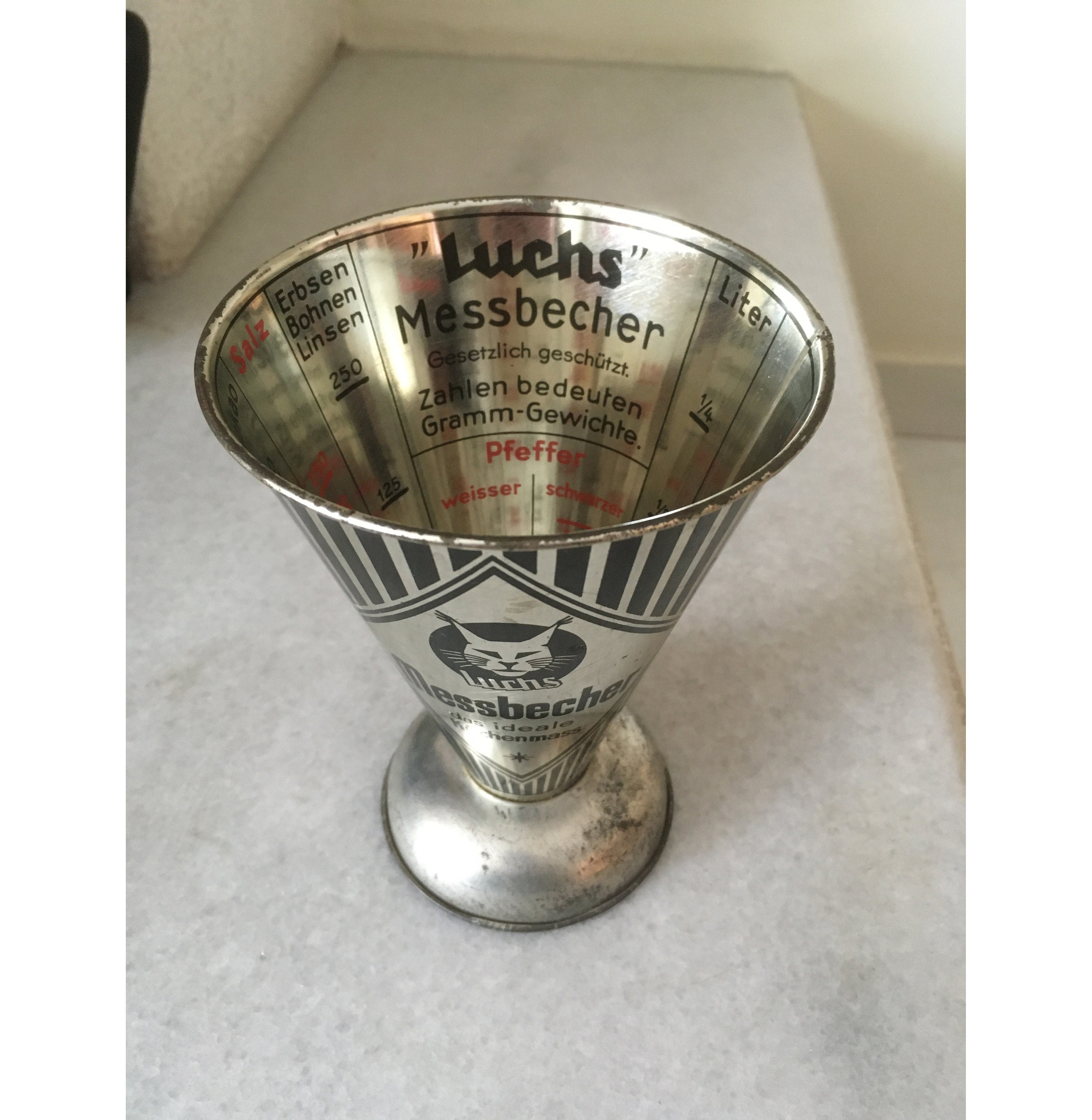 Vintage German Metal Cone Measuring Cup. 1950's Luchs Messbecher Dosimeter  With Printed Pastry Ingredients. Vintage Kitchen Decoration. -  UK