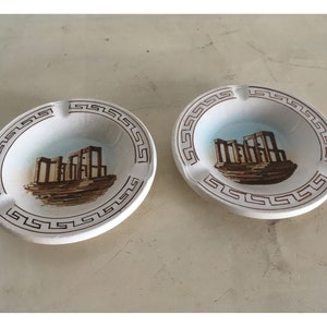1970&#39;s Pair of Greek Porcelain Ashtrays. Meanders Border and Ancient Monument, Hand Painted Vintage Ashtrays.