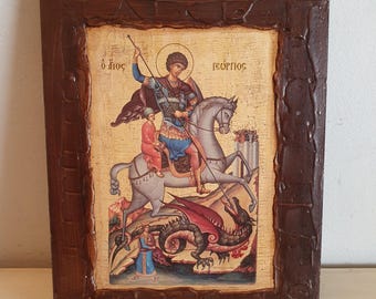 Vintage Orthodox Icon Saint George Slaying Dragon Art Print on Wood Religious Byzantine Greek Christian Wall Hanging 25x20 cm