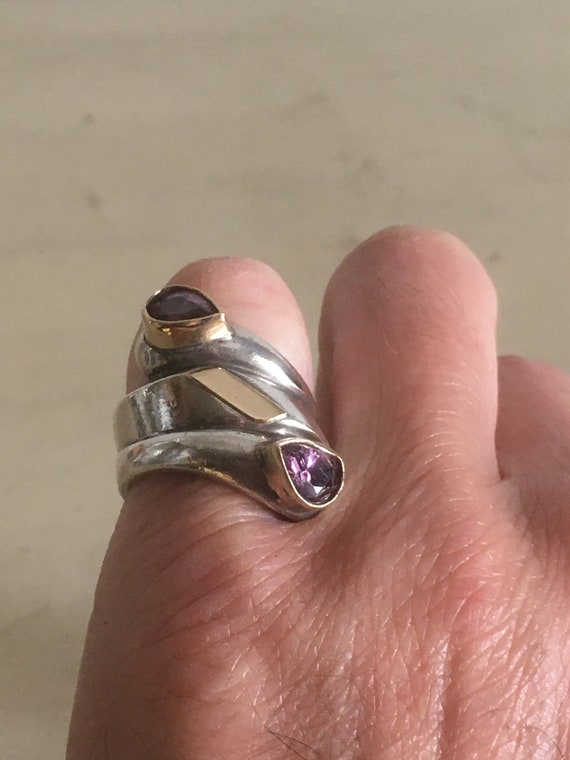 14K Gold, Silver 950 and Amethyst Ring. Robust St… - image 7