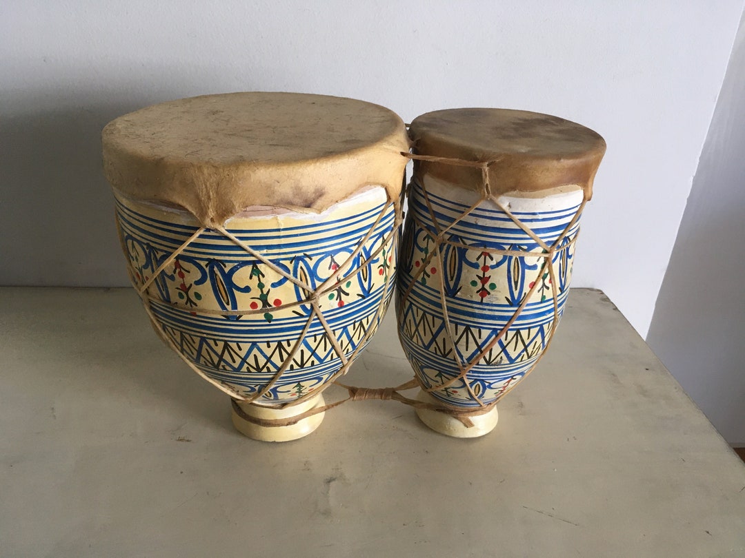 African Moroccan Bongo Drums Set. Painted Ceramic and Leather Vintage