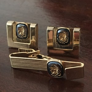 Rare set of Cufflinks and Tie Clip Vintage. Gold Plated Set with Alexander the Great Figure. Special Groomsmen Gifts.