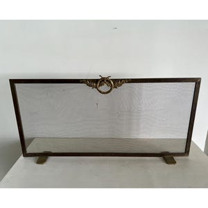 May include: A rectangular fireplace screen featuring a dark metal frame with a fine mesh center. The top center of the frame is adorned with a decorative brass laurel wreath emblem. The screen is supported by two flat, rectangular brass feet.