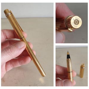 Vintage Must de Cartier Gold-Plated Rollerball Pen with Striped Design – 13.6 cm Long – Elegant Luxury Gift – Refill Needed