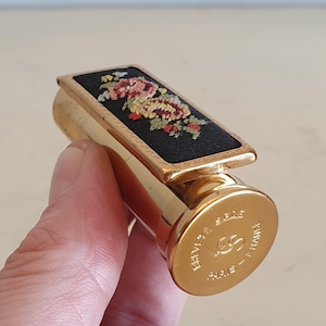 Vintage French Lipstick Case with Mirror & Embroidery, Gold Tone Metal, Unused, KS Paris Brevete SGDG, 1950s Cosmetic Holder
