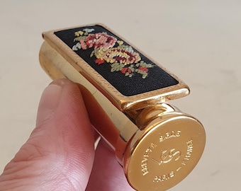 Vintage French Lipstick Case with Mirror & Embroidery, Gold Tone Metal, Unused, KS Paris Brevete SGDG, 1950s Cosmetic Holder