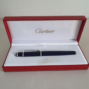 Cartier Diabolo de Cartier rollerball pen blue lacquer with silver trim, vintage luxury writing instrument with case and papers.