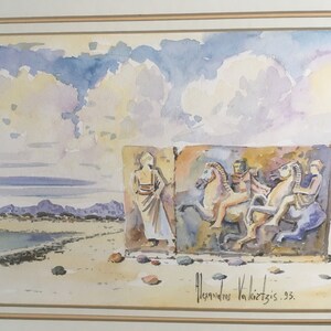 Alexandros Vakirtzis 93 Pintura de acuarela firmada. Aquarelle original del conocido pintor griego Vakirtzis. Pintura inspirada en la antigua Grecia.