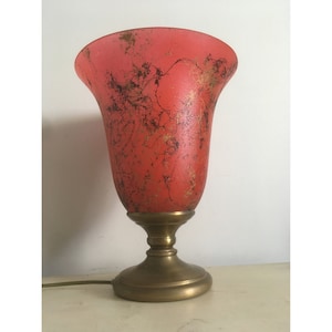 Big Table Top Lamp.  Fusing Technique Handmade Tulip Red Lamp. Glass Shade with Gold & Black Powders. 34 cm Tall Lamp Shade with Bronze Base