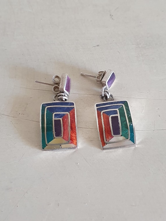 Vintage 950 Silver Geometric Inlay Dangle Earrings with Multicolor Stone Mosaic Design, Featuring Purple Amethyst. Fine Jewelry from Greece.