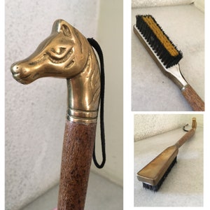 Vintage Brass Wood Long Handle Shoe Brush. Elegant 1970&#39;s Premium Shoe Brush. Horse Head Handle Shoehorn.
