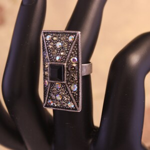 Silver Ring with Zircons and Black Onyx. Adjustable Vintage 1970&#39;s Ring. Vintage Jewelry.