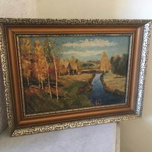 Pintura original de la escena del bosque impresionista. Óleo sobre cartón Wall Art. Pintura enmarcada. Pintura auténtica vintage.
