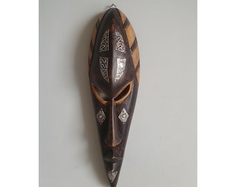 Vintage African Tribal Wall Mask with Carved Metal Accents, 45.5 cm Wooden Mask, Handcrafted Tribal Decor for Wall Display,