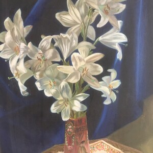 Stor originalmålning och signerad. Vintagemålning, akryl på duk, inramad från 1953. Vas med blommor, väggkonst. Signerad Zottas 1953. bild 4