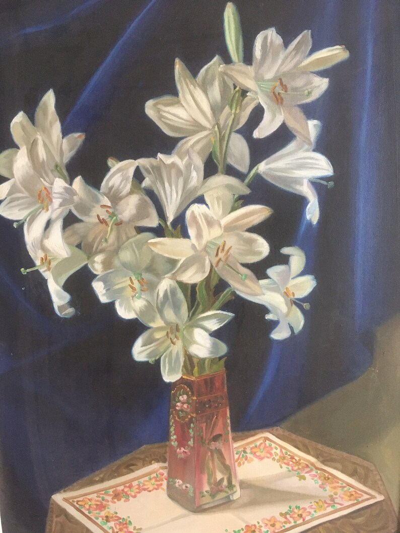 Stor originalmålning och signerad. Vintagemålning, akryl på duk, inramad från 1953. Vas med blommor, väggkonst. Signerad Zottas 1953. bild 4