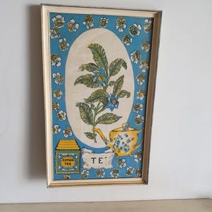 Vintage 1960s Framed Ceylon Tea Textile Art, Mid-Century Modern Kitchen Decor, 68 x 41 cm Wall Hanging, Teapot and Tea Leaves Design.