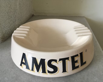 Big Porcelain Amstel Beer Advertising Ashtray. Heavy Vintage Collectible Ashtray. 8 Cigarettes Slots Ashtray, Rare.