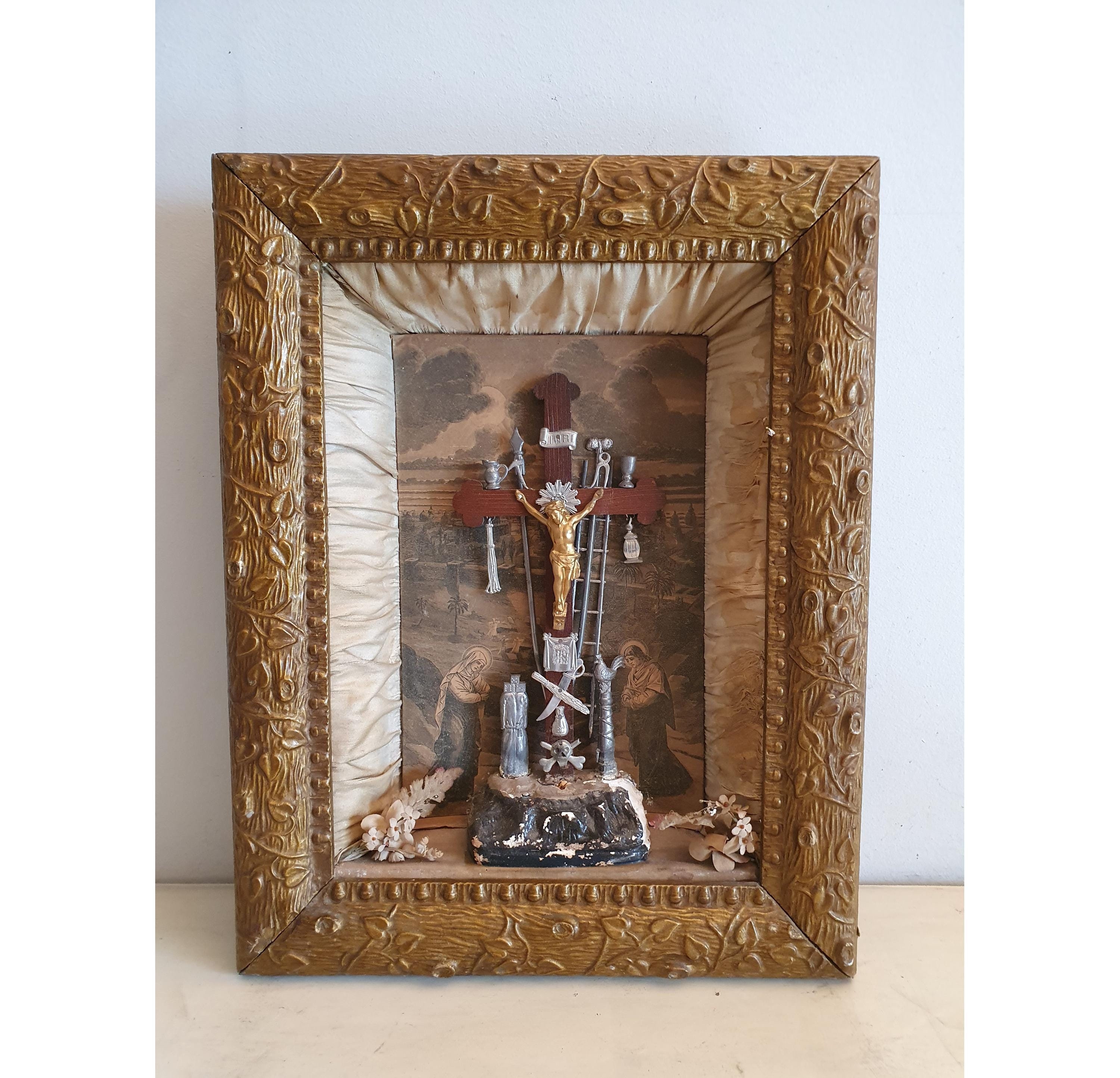 Antique 19th Century Christian Shadow Box Crucifix, Passion of Christ Diorama, Ornate Religious Icon, Framed Devotional Art.