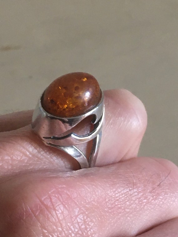 Sterling Silver and Amber Ring. Tall & Big Oval F… - image 1