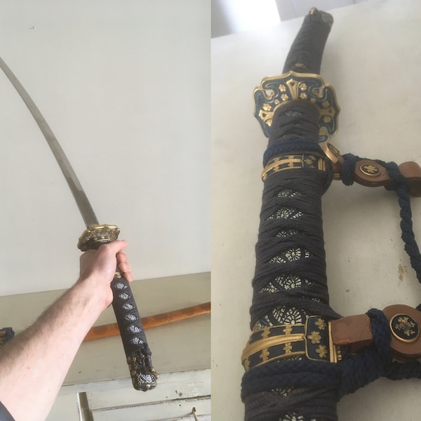 Épée de samouraï avec manche en métal. Réplique vintage de Katana japonais de haute qualité. Épée ornée lourde avec lame en acier inoxydable tranchante et pointue