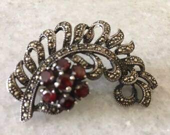 Sterling Silver with Cherry Transparent Gemstones Brooch. Silver Brooch for Clothes or Bags. Vintage Tree Branch Leaves Fruits Brooch.