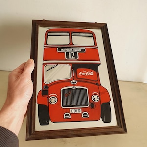 Espejo vintage de autobús londinense de Coca-Cola, publicidad de Trink Coca Cola, Ruta 12 de Trafalgar Square, espejo de vidrio enmarcado, arte de pared de los años 70.