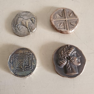 Set of 4 Greek Ancient Coin Replicas, Museum Quality, Silver Plated, Mythological and Geometrical Designs. Double-Sided Collectible Coins.