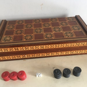 Wood & Mother of Pearl Marquetry Backgammon Board Game Set with Checkers. 100% Handcrafted.