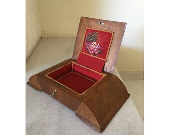 Art Deco Jewelry Box. Original Early 1900&#39;s Antique Storage Trinket Case. Marquetry Dome Wooden Dresser Ladies Box with Locker.